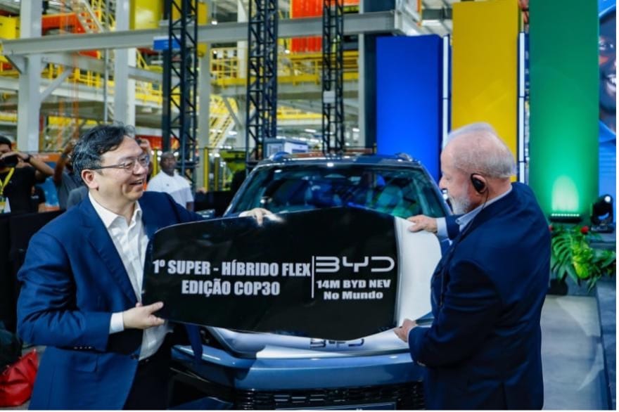 BYD Chairman Wang Chanfu delivering BYD's 14 millionth vehicle to Brazil's President